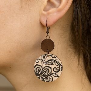Wooden dangle earrings round disc with paisley design 2.5” long wire pierced